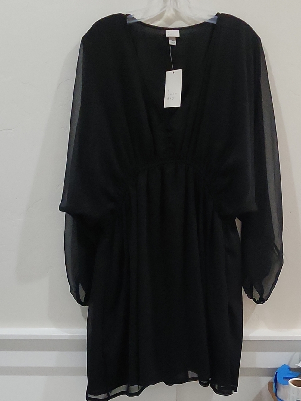 A New Day Black Sheer Long Sleeve V-Neck Dress